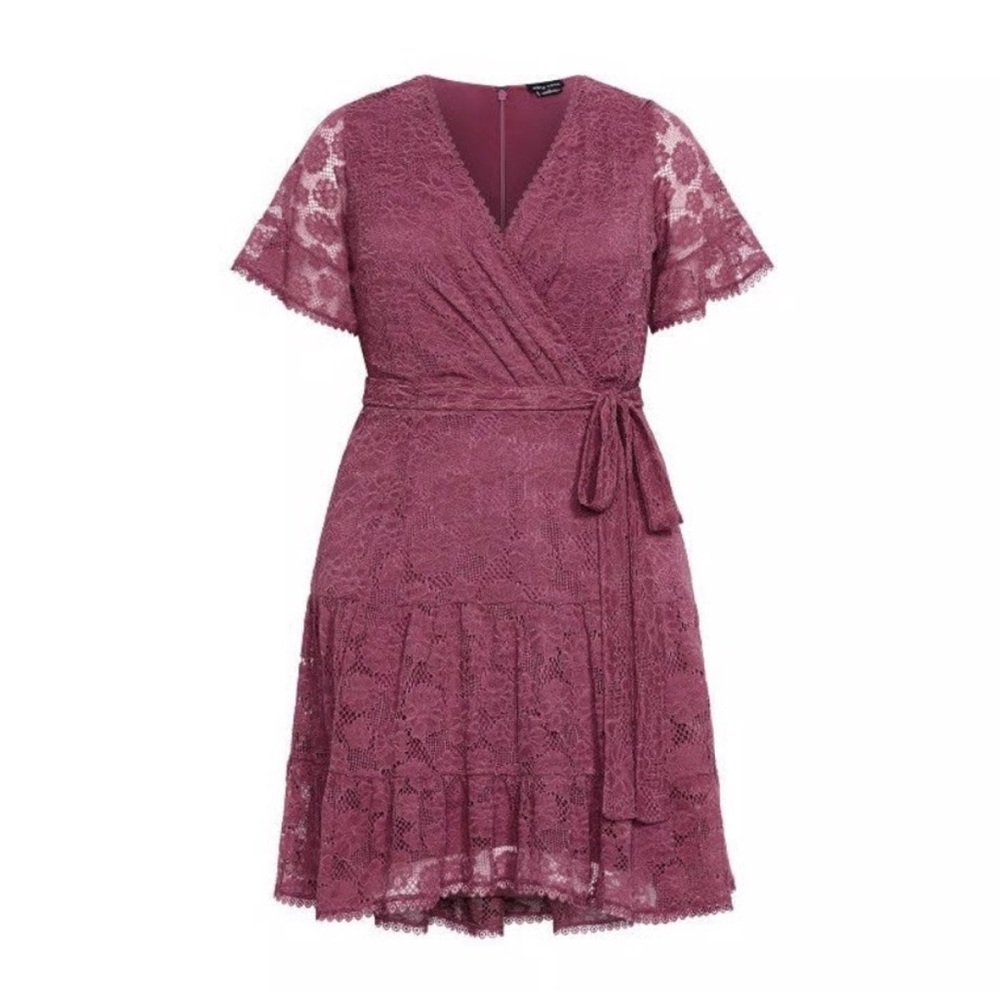 CITY CHIC Garden Kisses Lace Faux Wrap Mini Dress in Roseberry Plus Size 18 (M)
